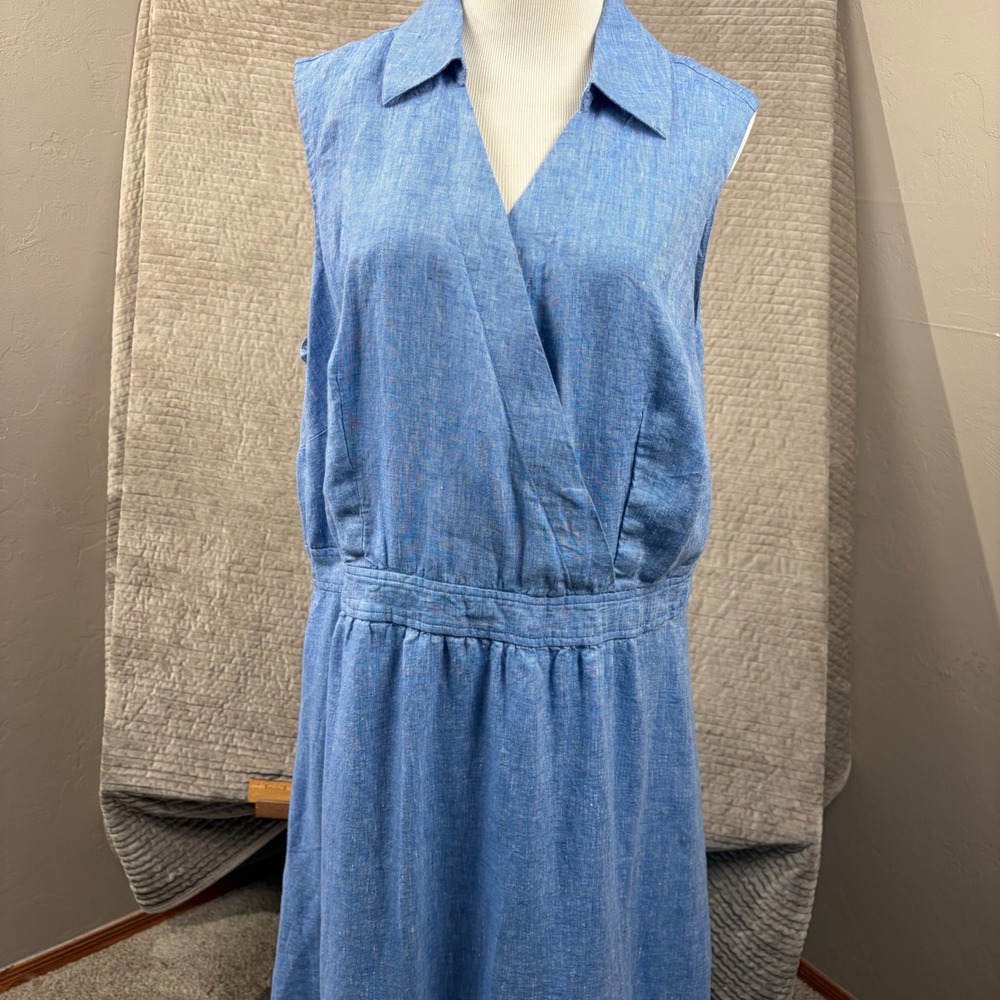 Talbots Plus Blue 100% Linen Sleeveless Surplice Midi Dress 14W Cotton Lined
